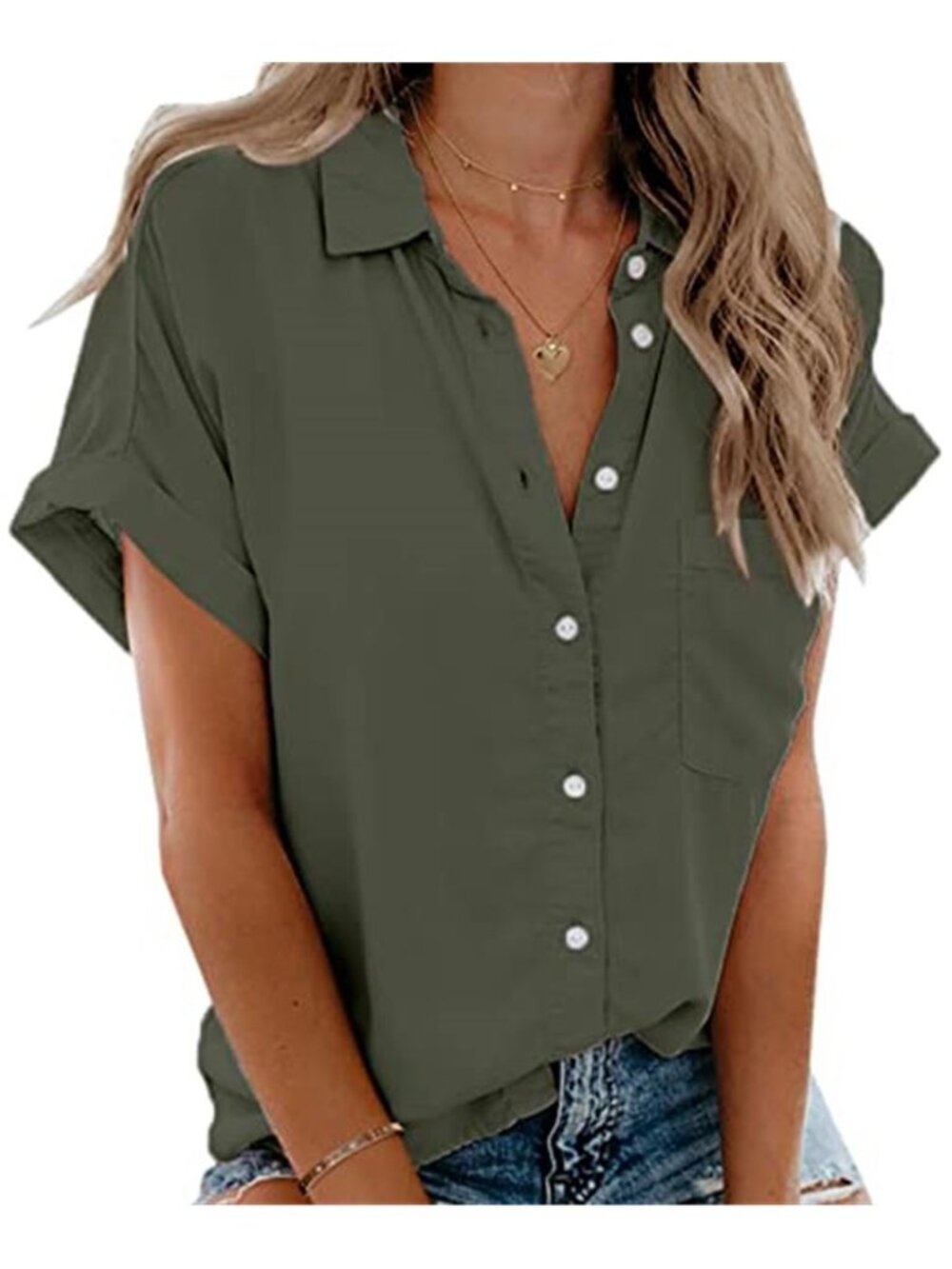 Womens Button Down Blouse Short Sleeve V Neck Collared Pocket Casual Shirt Top